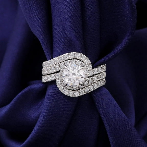 Eclet Jewels 1.9 Ct Round Brilliant Cut Diamond Ring - White Gold Over 14K Silver Diamond Ring - Trio Set Diamond Rings for Women's - Unique Bridal Set Diamond Rings - Engagement Wedding Diamond Ring