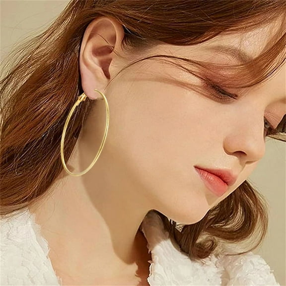 1 Pair 14K Yellow Gold Smooth Big Circle Creole Hoop Earrings For Women Golden Color Party Ear Jewelry Brincos Hoops Gifts
