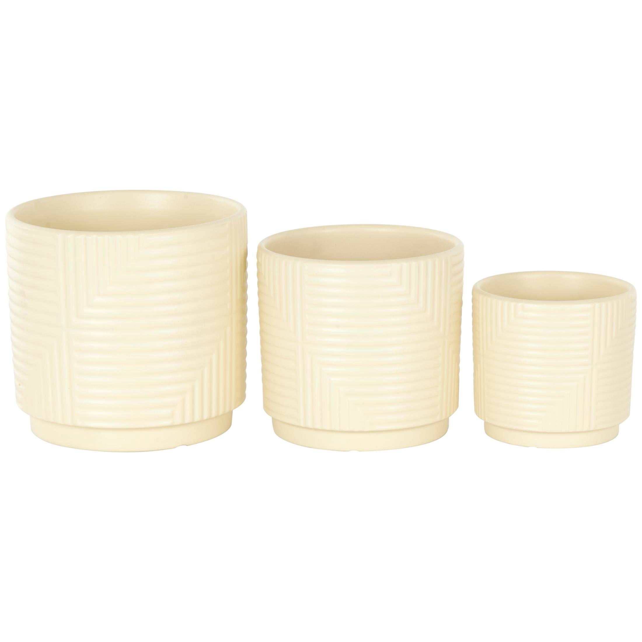 DecMode 7", 6", 5"W Cream Ceramic Geometric Planter with Layered Square Shaped Grooves (3 Count)