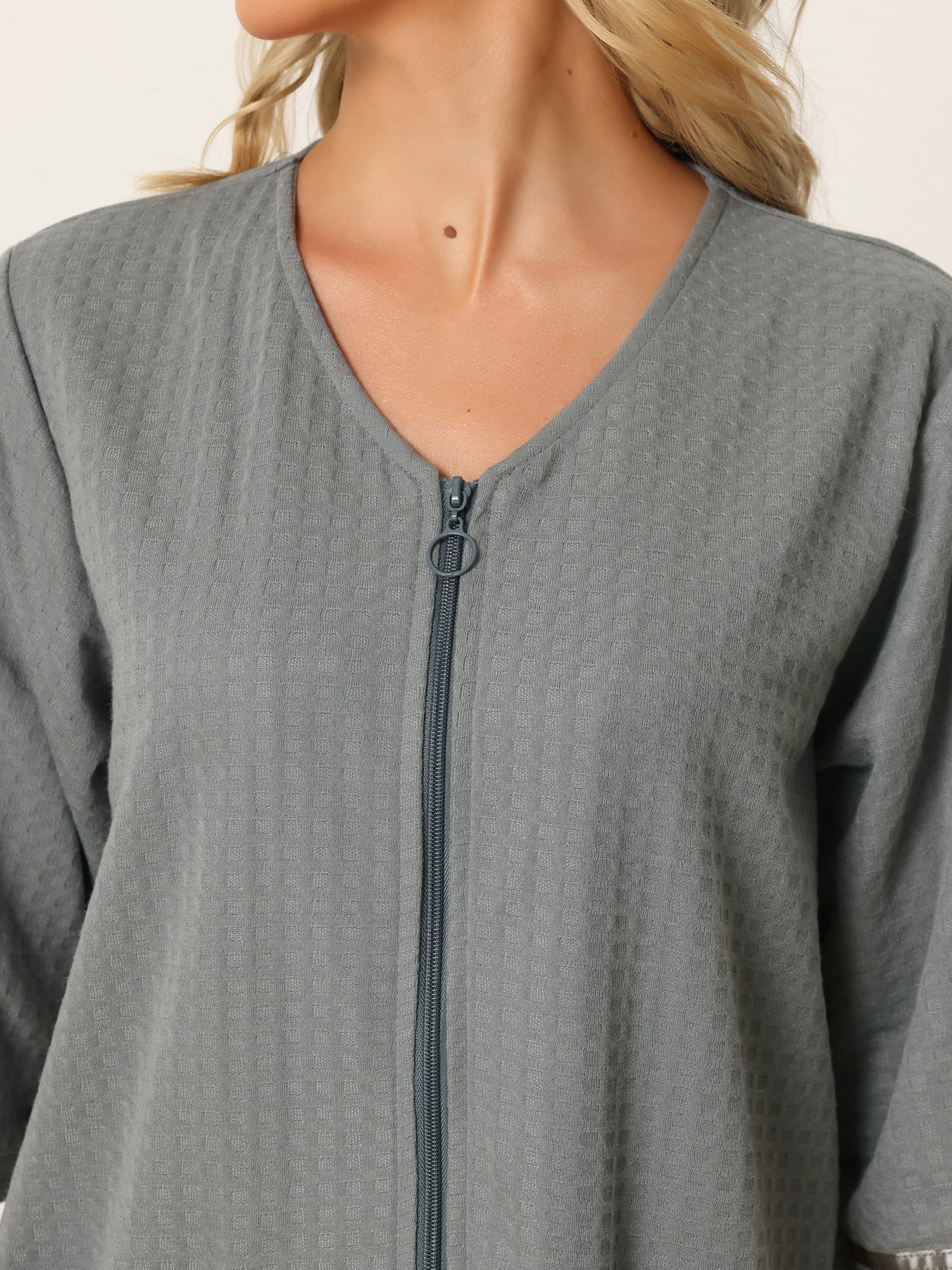 DARING DIVA Women's Waffle 3/4 Sleeves Bathrobe Loungewear Zipper Up Robes L Gray
