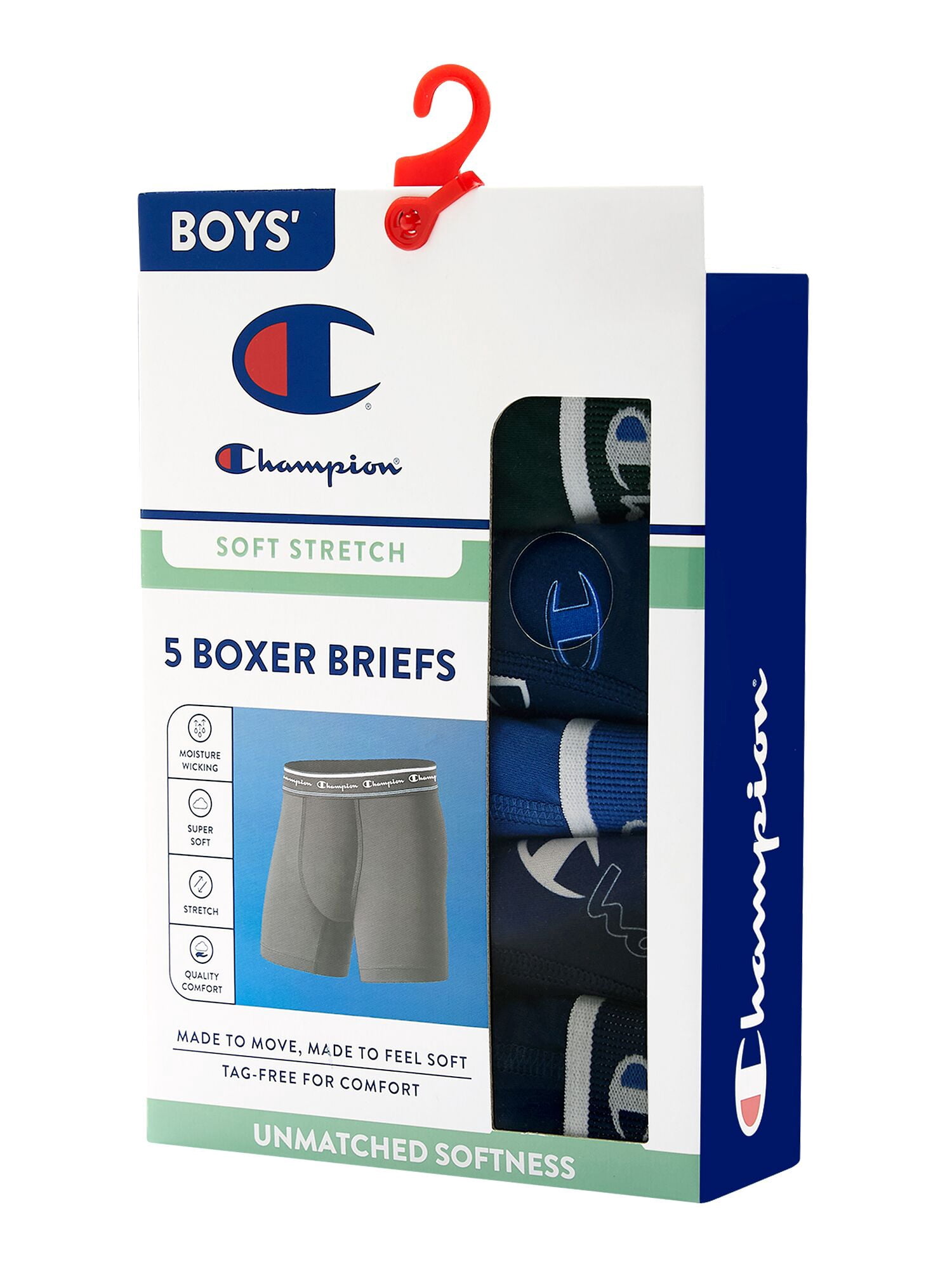 Champion Boys’ Softest Touch Classic Boxer Briefs, 5 Pack, Sizes XS–XL