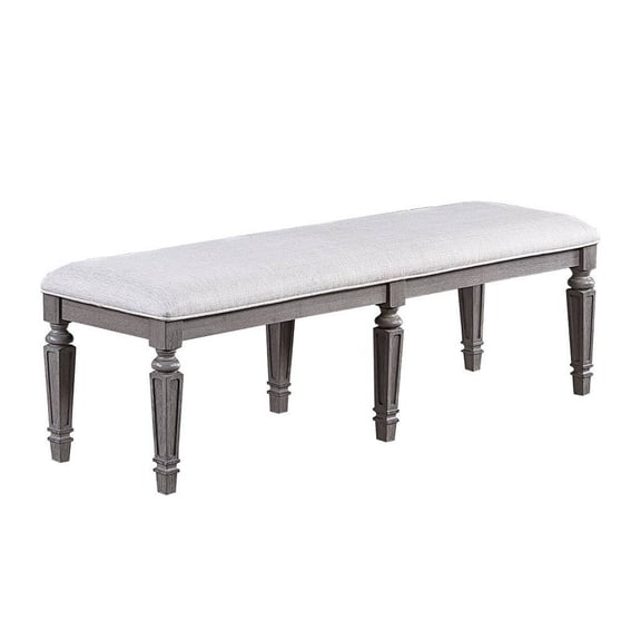 Winie Dining Bench with Turned Legs, 64 Inch Gray Wood and Fabric