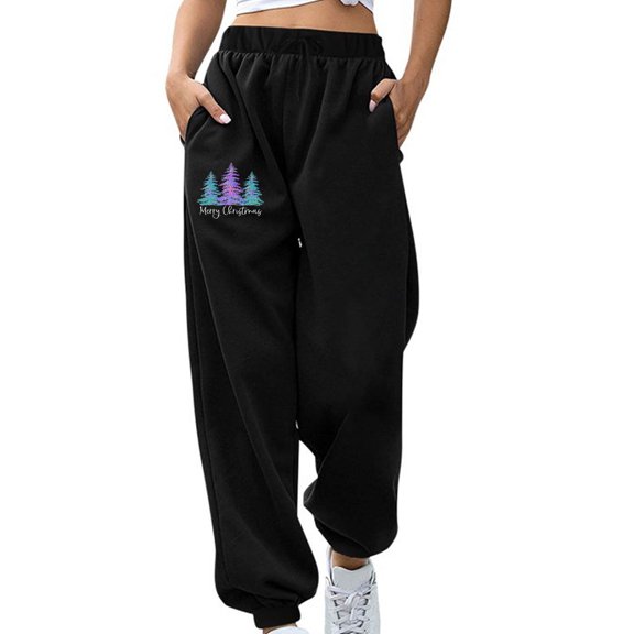 VALMASS Women's Christmas Sweatpants Plus Size Full Length Xmas Printed Trousers Elastic Waist Casual Jogger Athletic Pants (M, A Black)