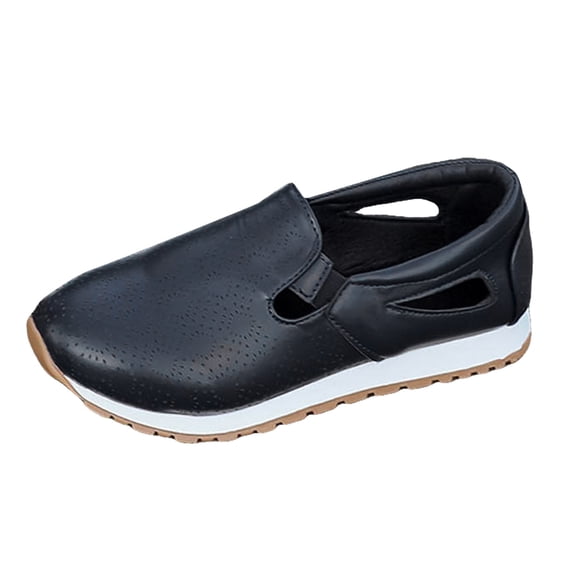 Slip On Hollow Out Loafers for Women Platform Leather Dress Shoes Classic Low Wedge Non Slip Walking Shoes Black Size 6