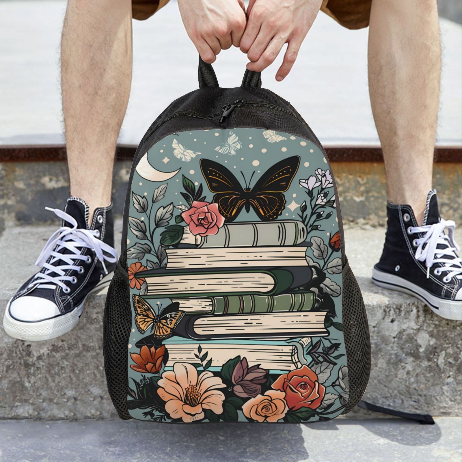 Xecao Vintage Art Butterfly Flower Print School Backpack with Laptop Compartment Small Travel Laptop Backpack for Women Men Waterproof College Backpack Simple School Bag