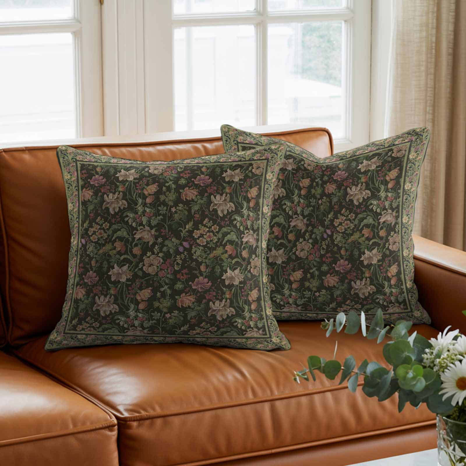 Throw Pillow Covers, Sage Green Floral Boho 26x26 Pillow Covers for Couch/Sofa/Bed, Ethnic Tribe Abstract Art Flower Decorative Square Linen Cushion Pillowcase for Home Decor