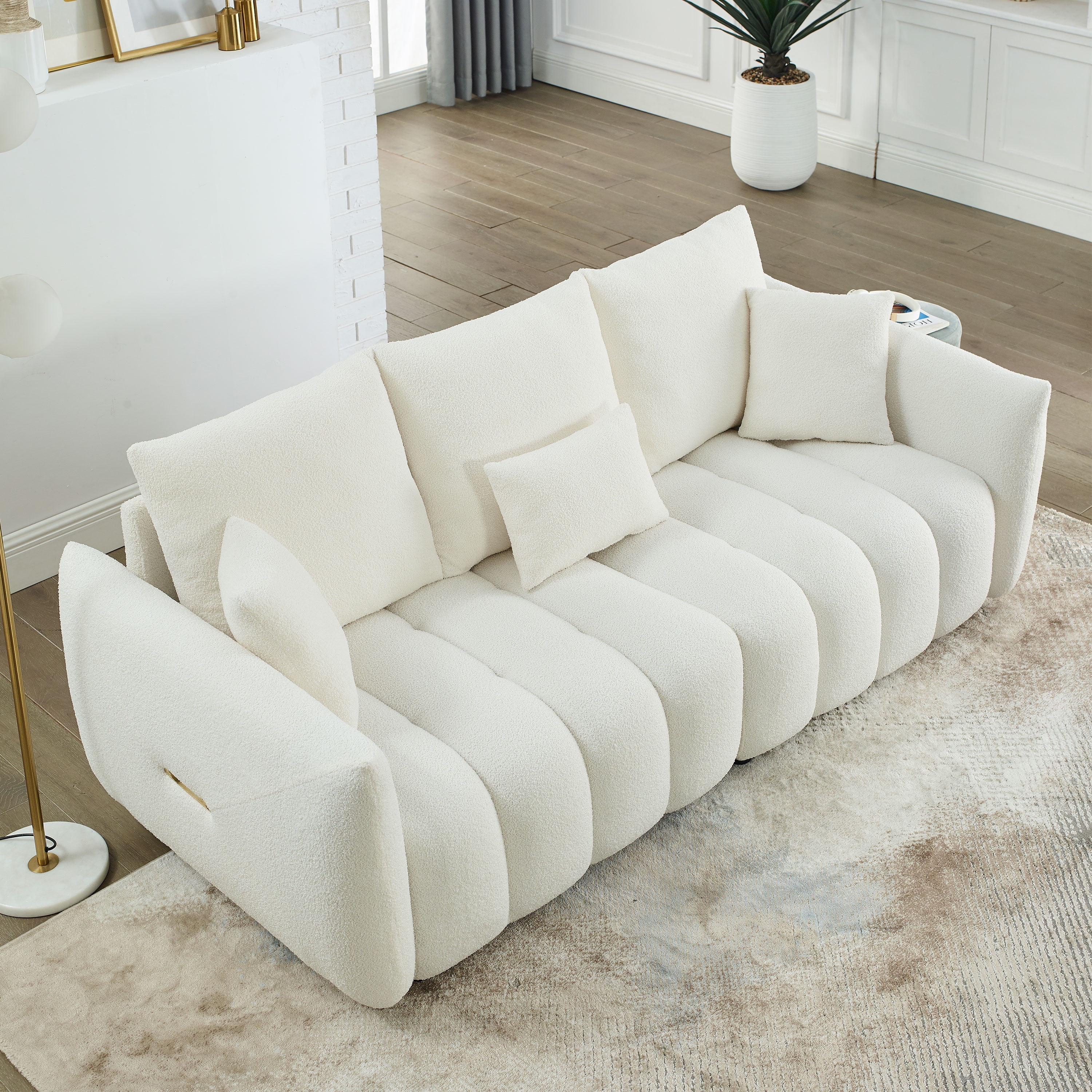 3-Seater Sofa with 3 Back Pillows and Solid Wood Frame, 79.5-Inch Teddy Fleece Oversized Upholstered Couch for Living Room, Beige