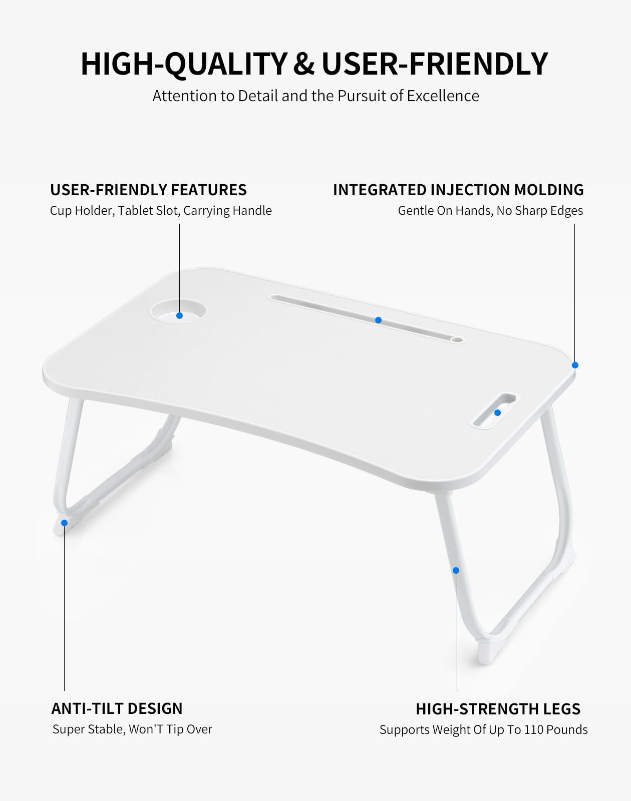 Laptop Bed Desk  Foldable Lap Portable Table Stand With Cup Holder & Tablet Slot Lifting Handle For Working Writing Drawing Eating - White