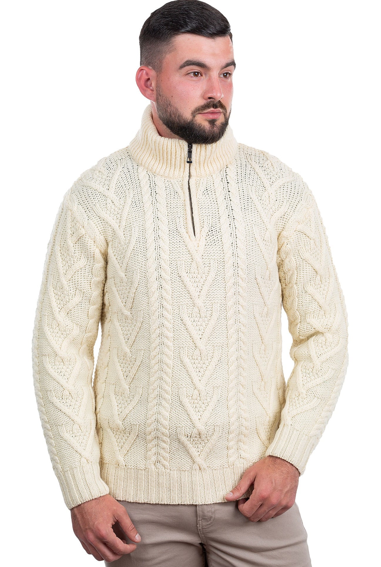 Men's Zip Neck Aran Fisherman Cable Knit Winter Outdoor Ireland Sweater — 100% Premium Merino Wool Jumper — Soft & Warm Knitted Pullover Kleding Herenkleding Sweaters Pullovers 
