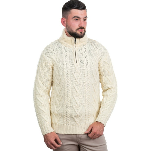 SAOL Aran 100% Merino Wool Men's Zip Neck Fisherman Sweater Irish Traditional Cable Knit Cardigan Outdoor Pullover Jumper Made in Ireland