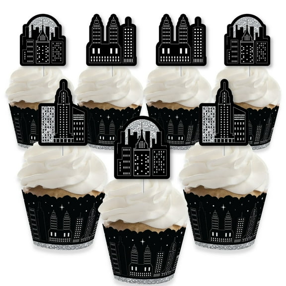 Big Dot of Happiness Nighttime City Skyline - Cupcake Decoration - New York Party Cupcake Wrappers and Treat Picks Kit - Set of 24