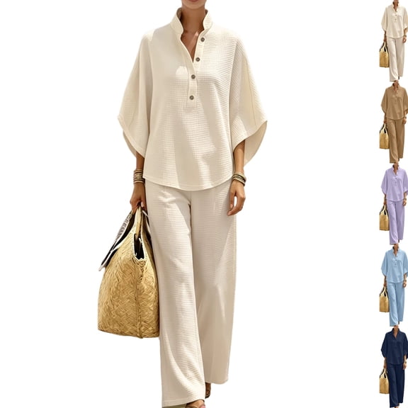 Women's Waffle Sets 2 Piece Batwing Sleeve Button Down Shirt Pants Outfit Casual Summer Vacation Clothing Beige XXL