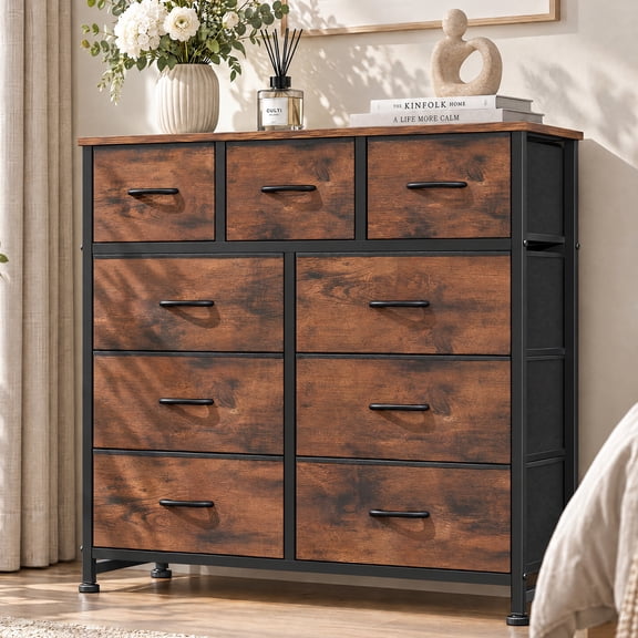 ZUNMOS 9 Drawer Fabric Dresser for Bedroom, Chest of Drawer Organizer Storage Cabinet for Closet, Entryway, Rust Brown