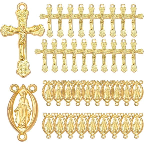 40pcs Gold Plated Rosary Cross and Center Charms Miraculous Medal Pendant Alloy Tibetan Style Jesus Crucifix Cross Pendants Oval Chandelier Links for Rosary Holy Beads Necklace Making