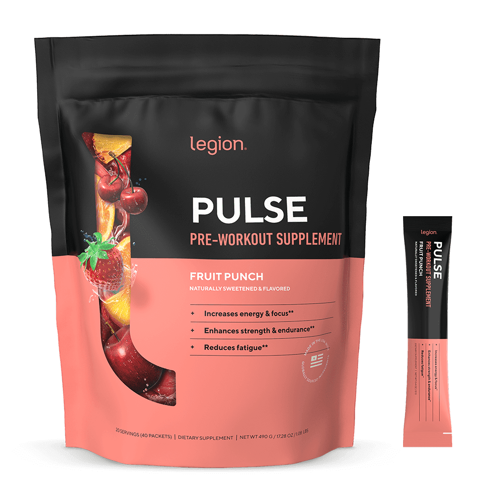 Legion Athletics Pulse Pre-Workout Supplement Powder Stick Packs, Fruit Punch, 350mg Caffeine, 40 Count
