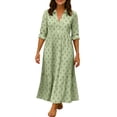 thumbnail image 2 of Smsaxvxz Women's Summer Plus Size Dresses Fashion Floral Printed V Neck Long Sleeve Casual Loose Beach Vacation Maxi Shirt Sundress Green 2XL, 2 of 8