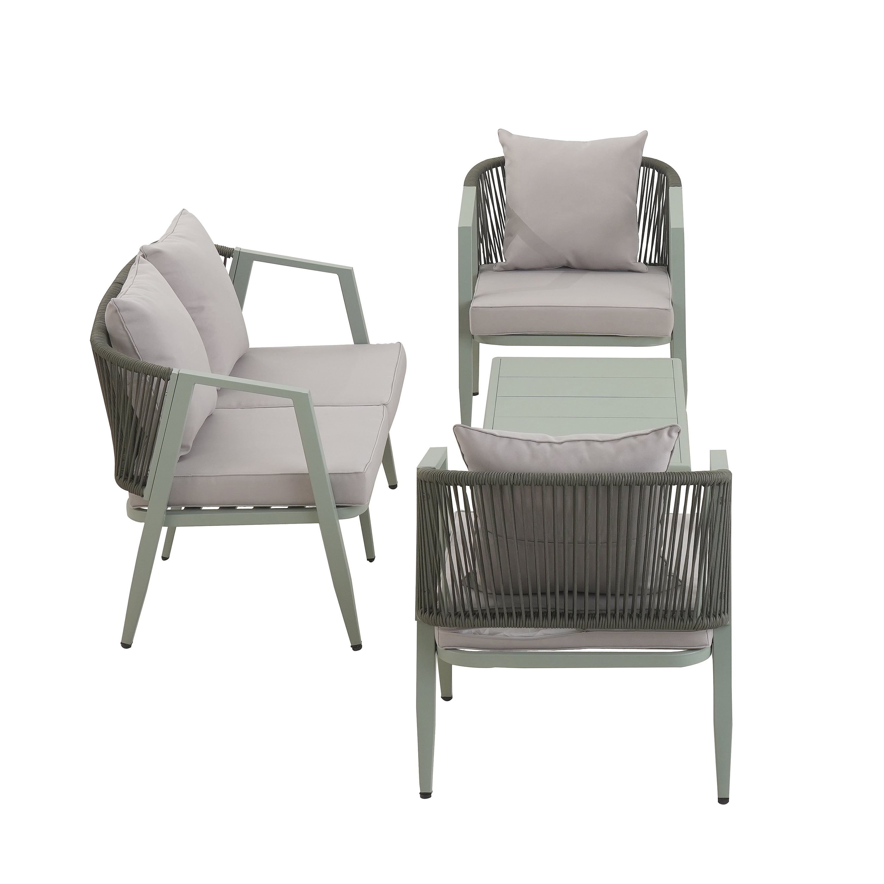 YIORTWO 4-Piece Outdoor Patio Furniture Set, Iron Frame Bistro Set with Cushioned Seating, Includes Table & Bench, for Garden, Poolside, Balcony - Green