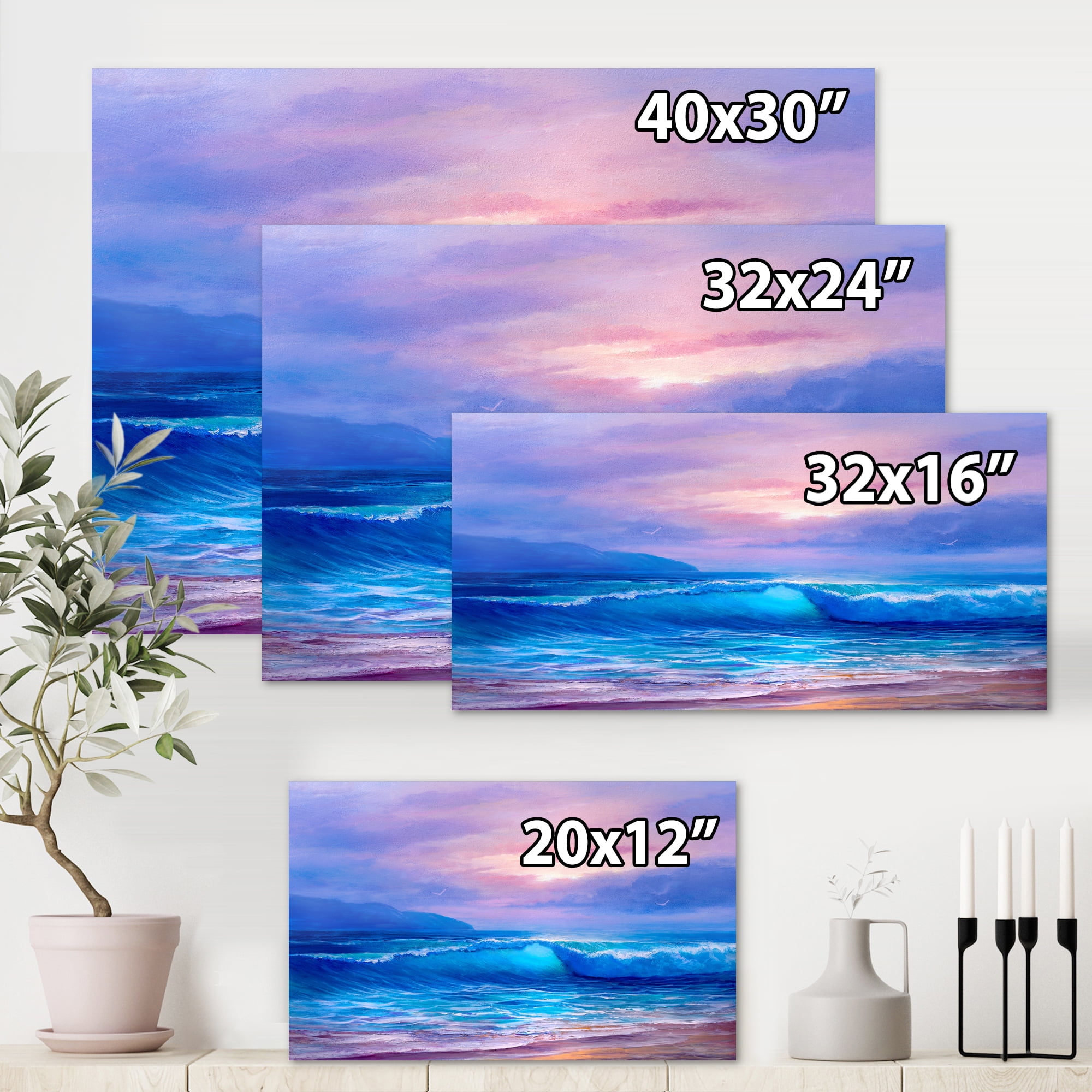 The Sea By The Beach With Golden Sunset 8 in x 12 in Painting Canvas Art Print, by Designart