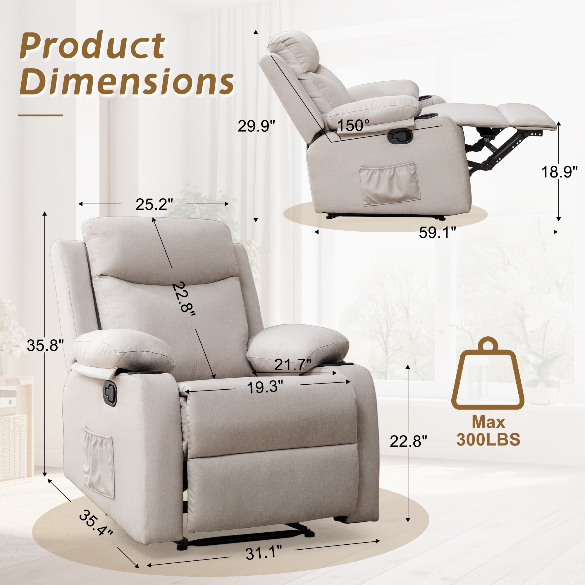 Korser Manual Small Recliner Chair with Fixed Base for Small Spaces Linen Fabric for Living Room,Beige