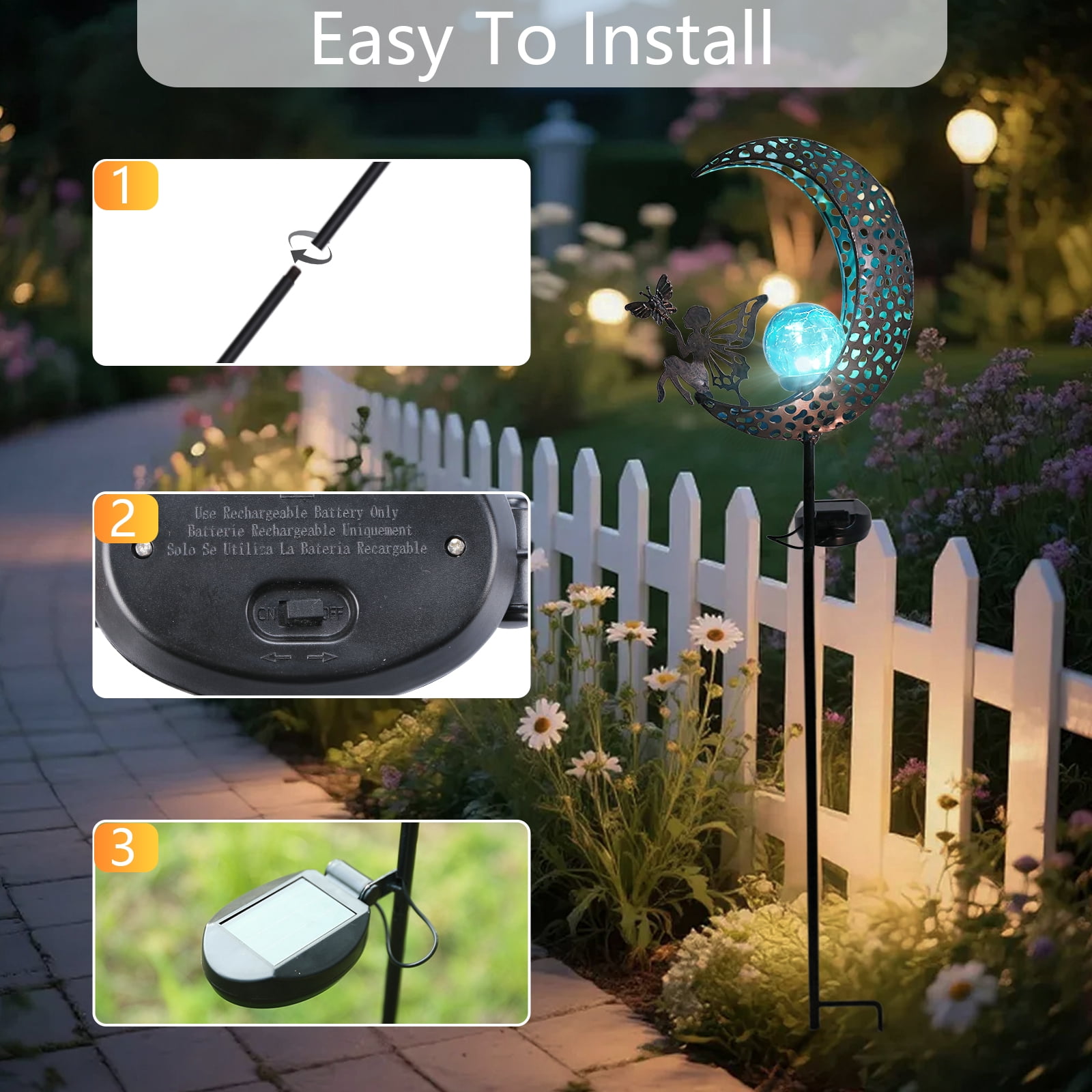 Moon Solar Light Outdoor Garden Stake, Moon Fairy Garden Statue Decor,Metal Light Stake for Patio, Path, Yard and Lawn Ornament,Blue