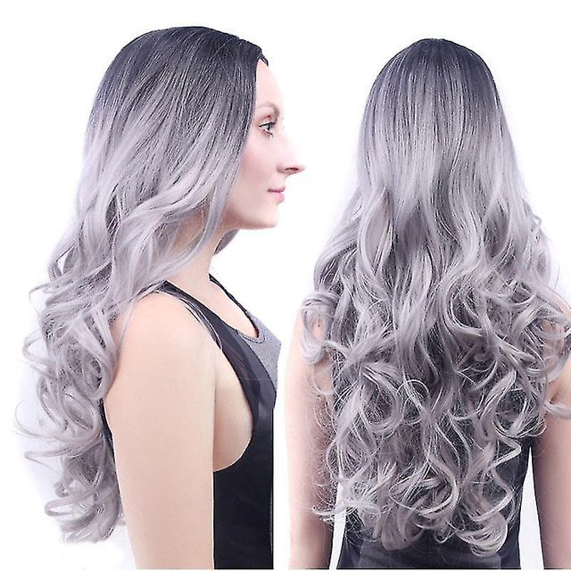 Peluca gris ondulada larga, pelucas de pelo ondulado y rizado sintético para mujer, sombrero de peluca gris para mujer