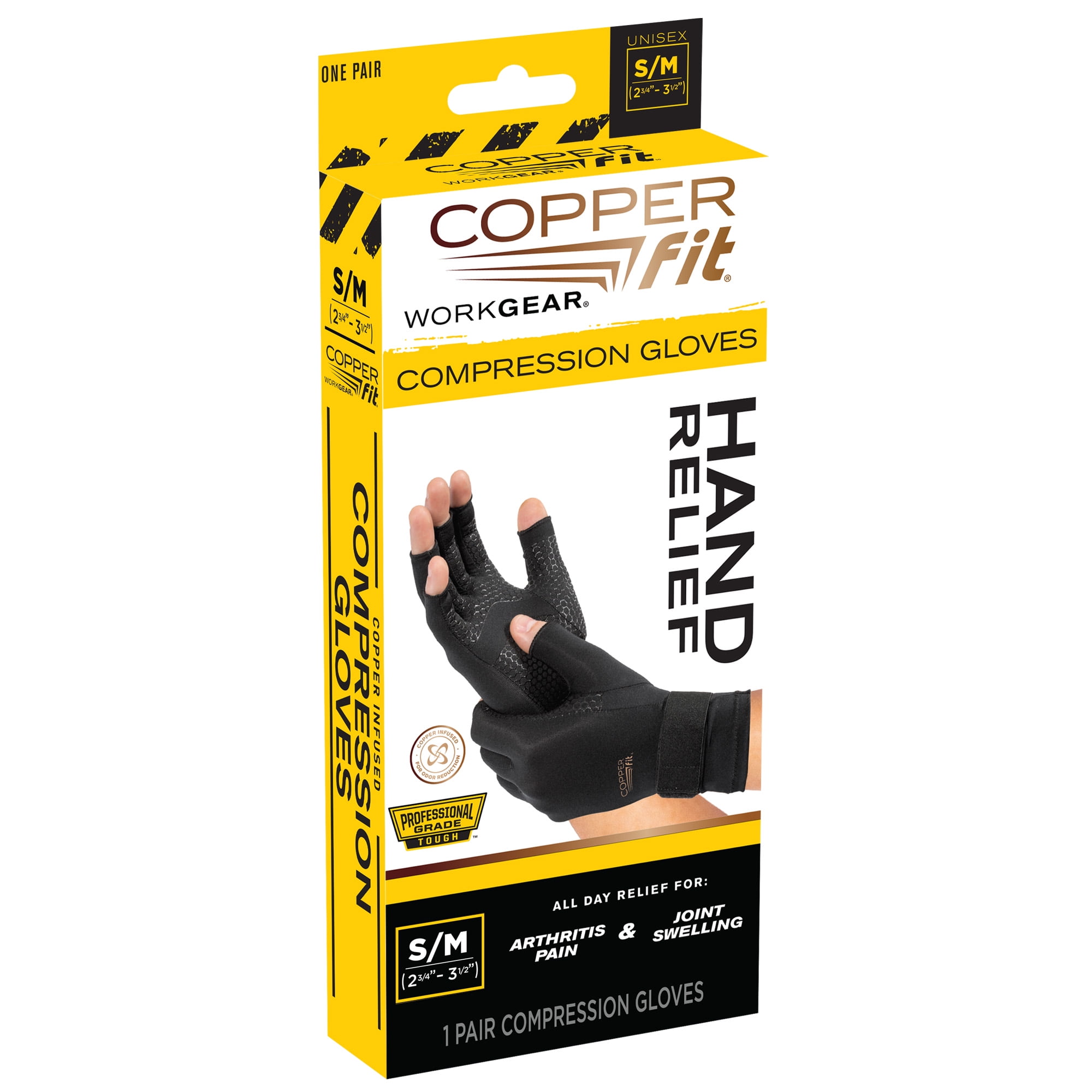 Copper Fit® Work Gear Hand Relief Compression Gloves, Black, S/M