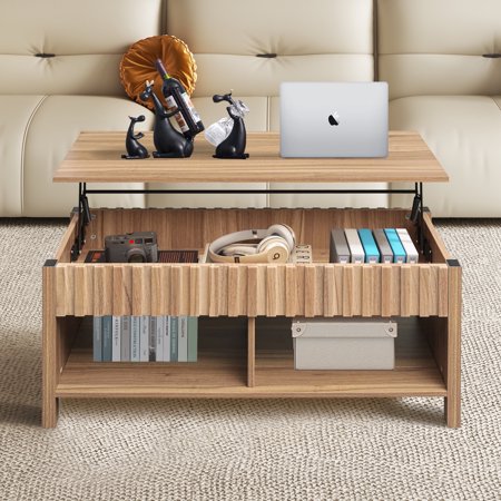 PHOYAL Lift Top Coffee Table with Hidden Compartment & Storage Shelve, Fluted Coffee Table for Living Room, Walnut