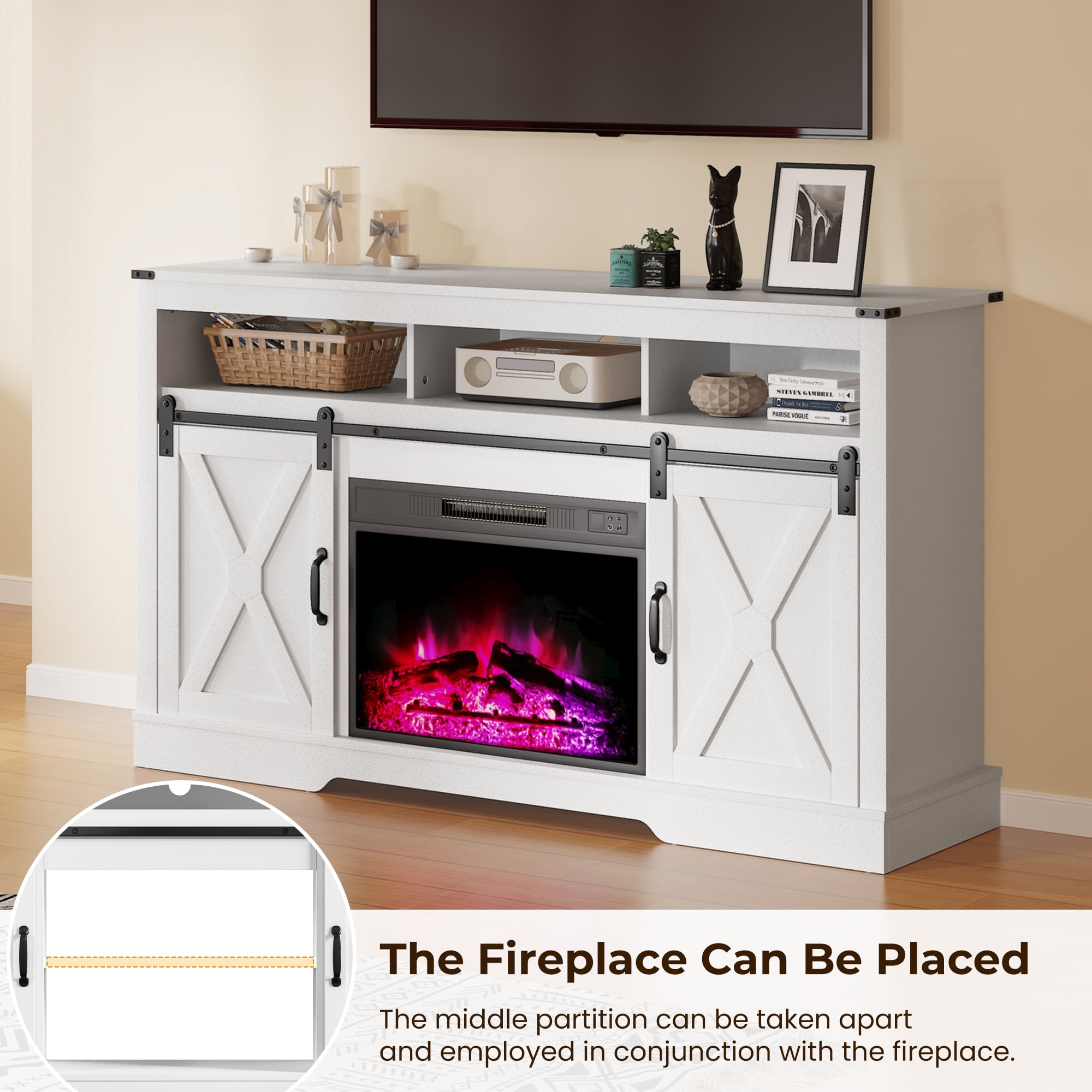 May in Color 34'' Tall TV Stand for 65"+ Inch TV, Farmhouse TV Console for 23" Fireplace, with Sliding Bar Door, Rustic Entertainment Center for Living Room, Bedroom (White)