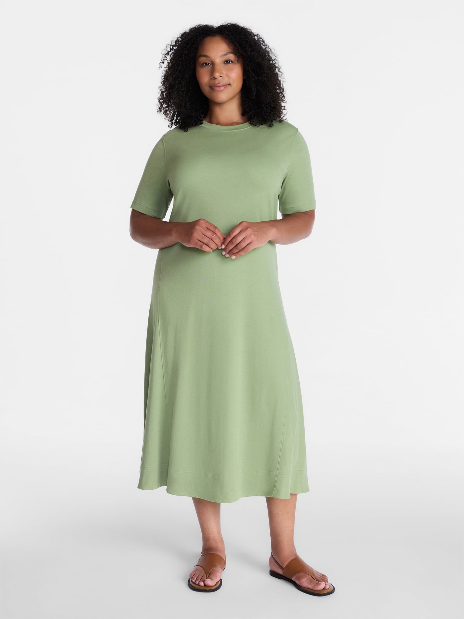 Time and Tru Women's and Women's Plus Seamed Cotton Midi Dress, Sizes XS-4X