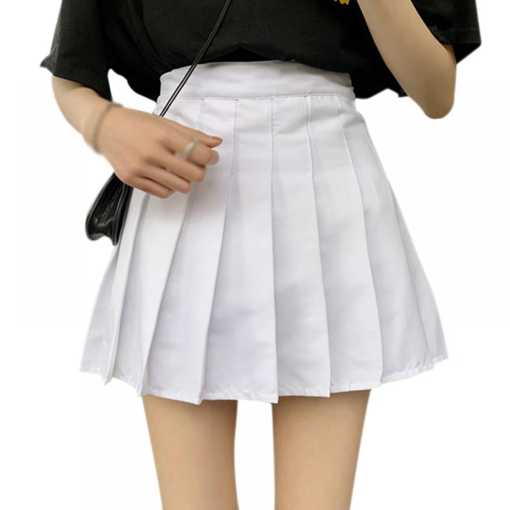 Womens Girls High Waisted Pleated Skater Tennis School Skirt Uniform Skirts with Lining Shorts
