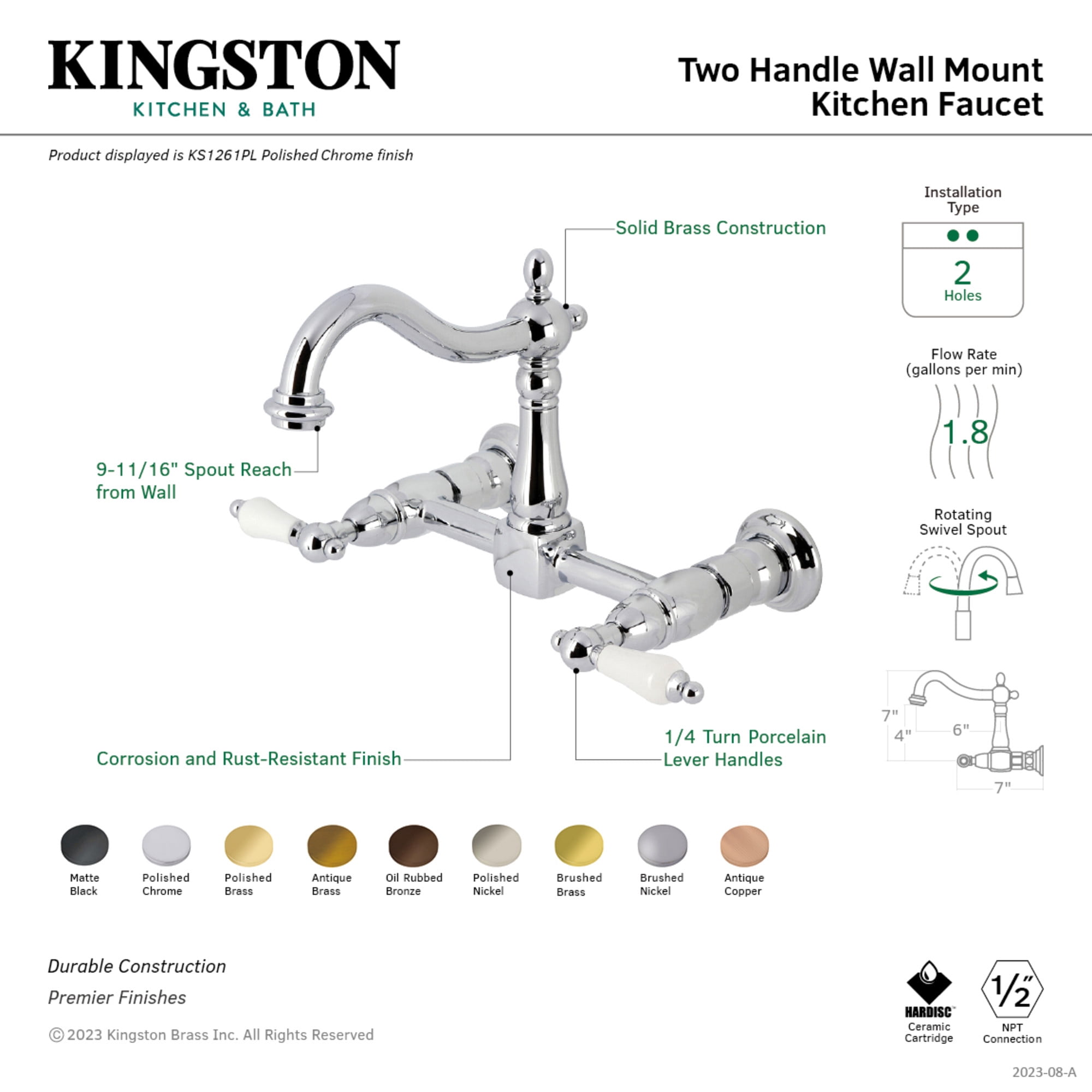 Kingston Brass KS1260PL Heritage Double-Handle Wall-Mount Bridge Kitchen Faucet, Matte Black