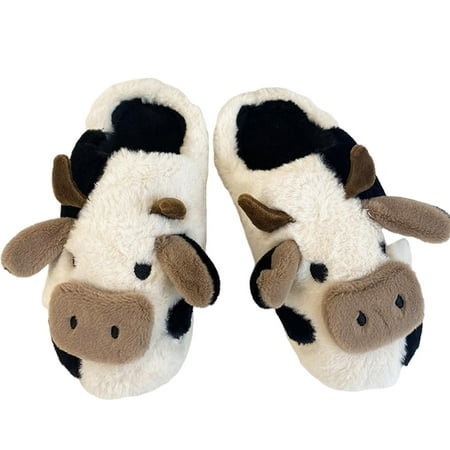 Fuzzy Cow Slippers Cute Warm Cozy Cotton Shoes Animal Shape Slip-on ...