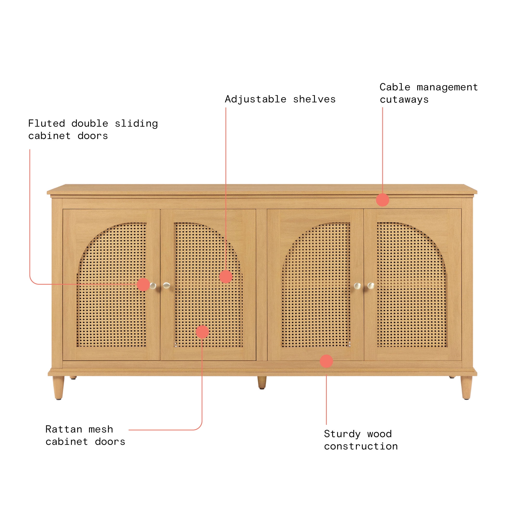 Drew Barrymore Rattan 4-Door Buffet Sideboard, Warm Honey