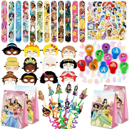 Princess Party Supplies, Princess Birthday Party Supplies Set Includes 12 Slap Bracelets, 12 Straws, 12 Bags, 12 Masks, 12 Seals, 50 Stickers for Princess Party Decoration