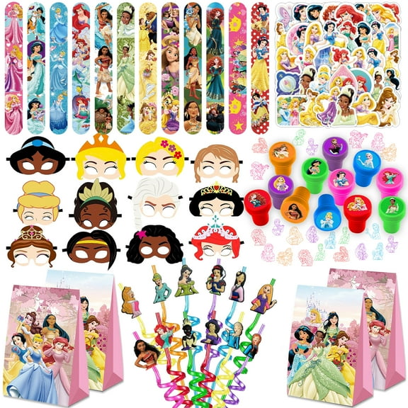 Princess Party Supplies, Princess Birthday Party Supplies Set Includes 12 Slap Bracelets, 12 Straws, 12 Bags, 12 Masks, 12 Seals, 50 Stickers for Princess Party Decoration