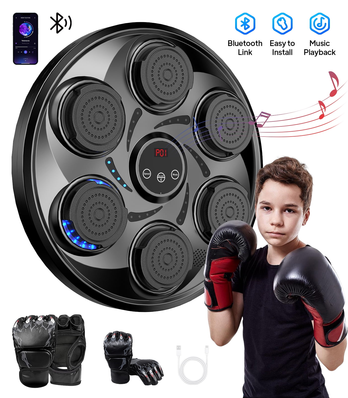 LNOW Adults/Teenagers Music Boxing Machine with 2 Pairs Boxing Gloves, Wall Mounted Smart Bluetooth Music Boxing Trainer, Electronic Boxing Target Workout Punching Equipment for Home, Indoor and Gym