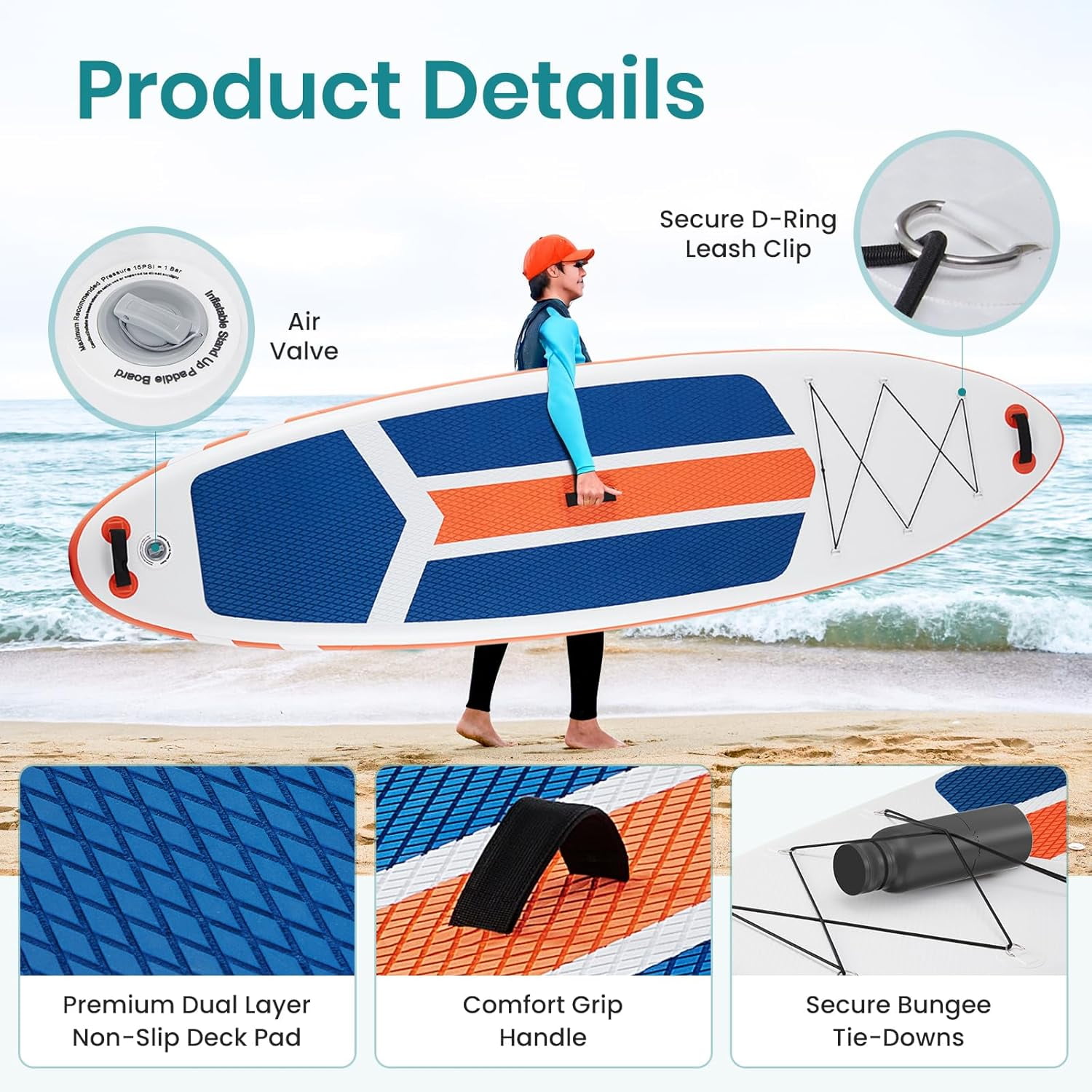CONCETTA Inflatable Paddle Board,Equipped With SUP Paddle Board Accessories, The Non-slip EVA Deck Design Restarts The Surfboard,Surfboard for Youth&Adults of All Skill Levels，Blue Orange