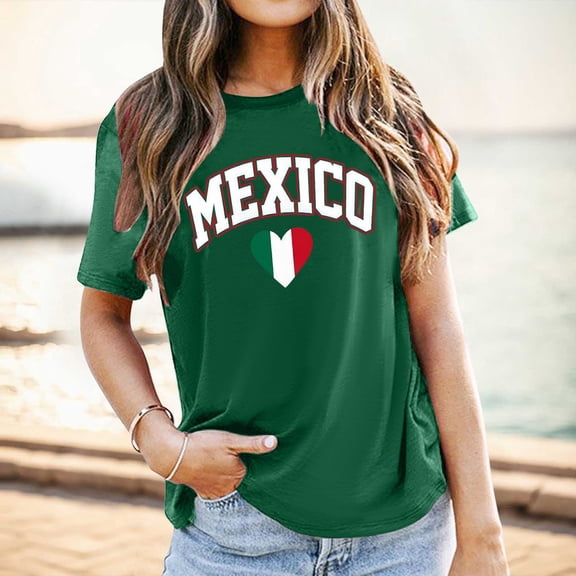 Trendfront Womens Crewneck Tee Mexico Letter Heart Graphic Short Sleeve T Shirts Basic Everyday Casual Travel Souvenir Top