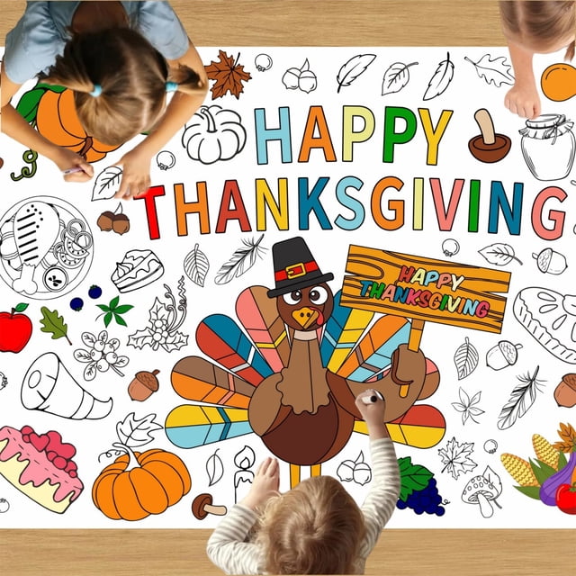 Uuiauoio Thanksgiving Tablecloth Waterproof Paper Holiday Decor Turkey Pumpkin Graffiti Design Easy Clean Festive Dining Protection