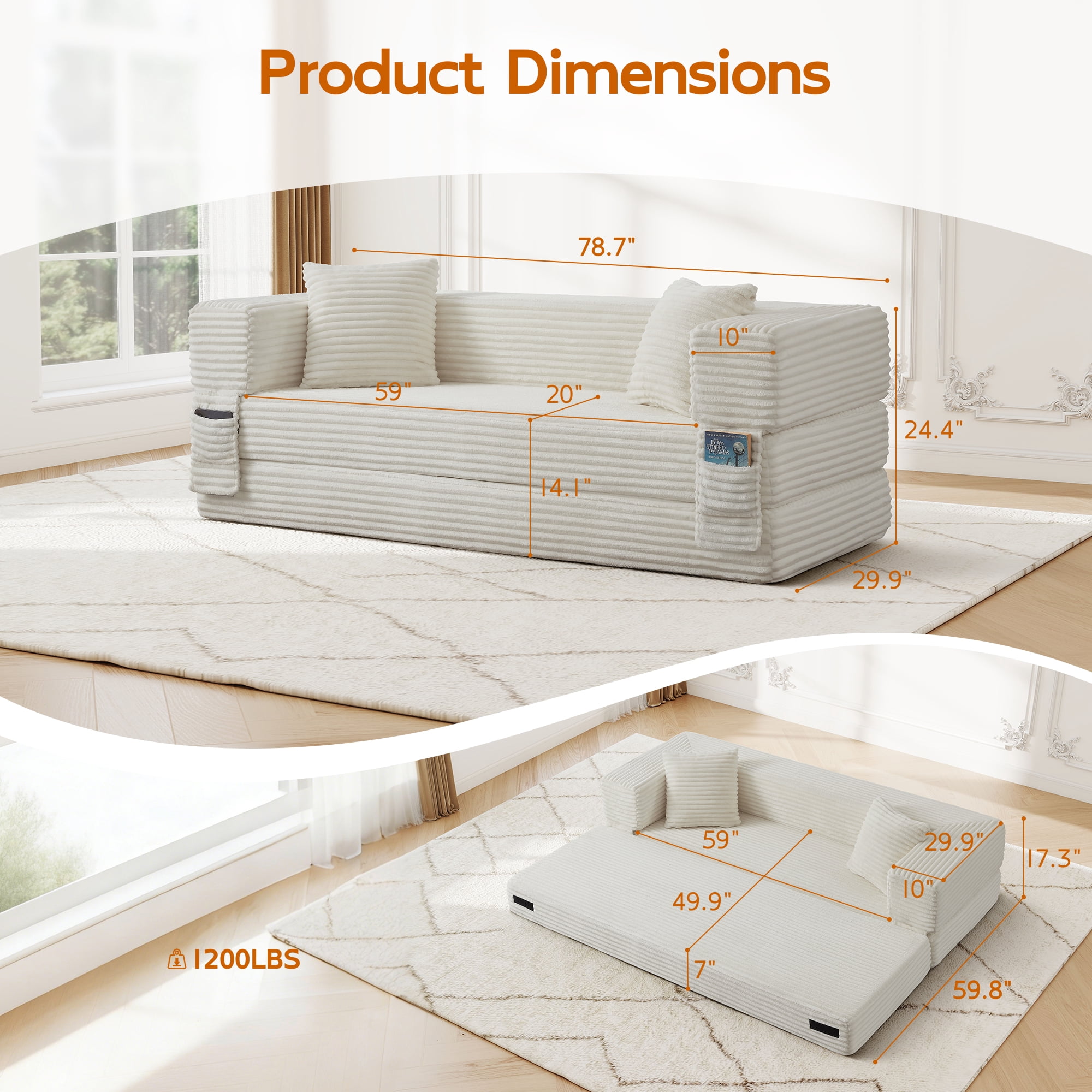 Aukfa 78.7" Corduroy Convertible Sofa Bed, Boneless Sleeper Sofa Couch for Living Room Apartment,Beige
