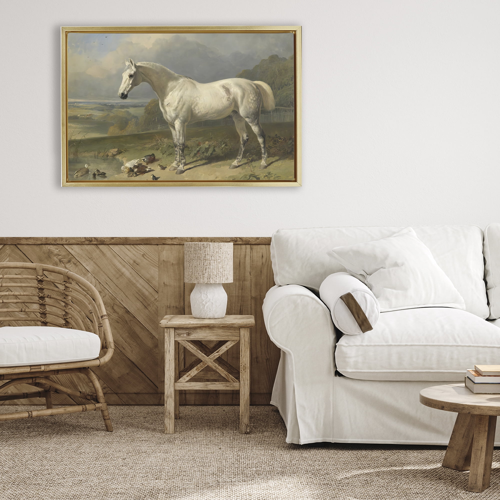 Stupell Industries Grey Horse And Ducks In Landscape Gold Framed Floater Canvas Wall Art, design by Tina LeCour