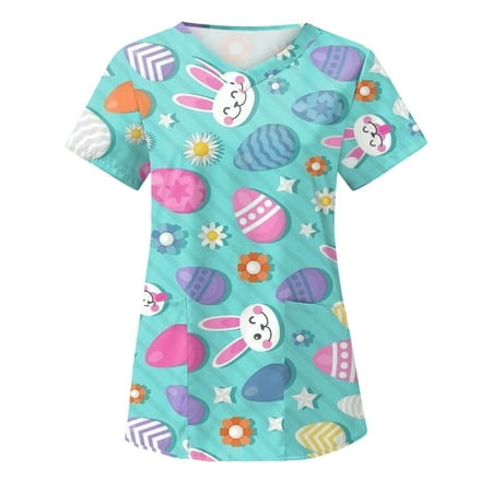 

Easter Scrub Tops Bunny Women Nurse Uniforms for Women Short Sleeve V-Neck Shirts Tee Shirts with Pockets