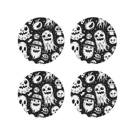 

Drink Coasters Set of 4 Black White Spooky Ghosts Leather Coasters for Coffee Table Protector Heat Resistant Cute Coasters for Home Decor Housewarming Gifts Bar Kitchen 4 Inch Round Shape