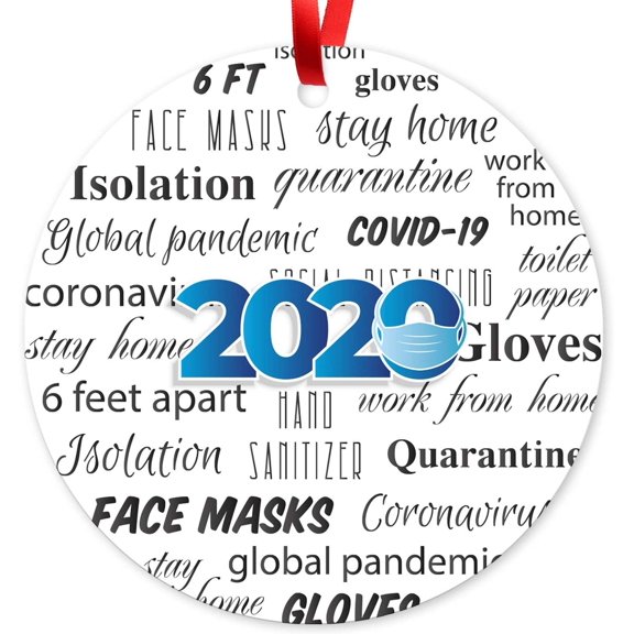 Soul Décor 2020 Christmas Ornament Quarantine, Large 3.75" Round Metal Ornament, Velvet Pouch Included