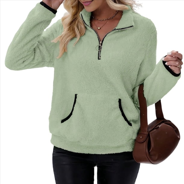 Sudadera Informal de con Cremallera de un Cuarto para Mujer, Larga, Ligera, Suave y Afelpada, con Bolsillos. Verde M