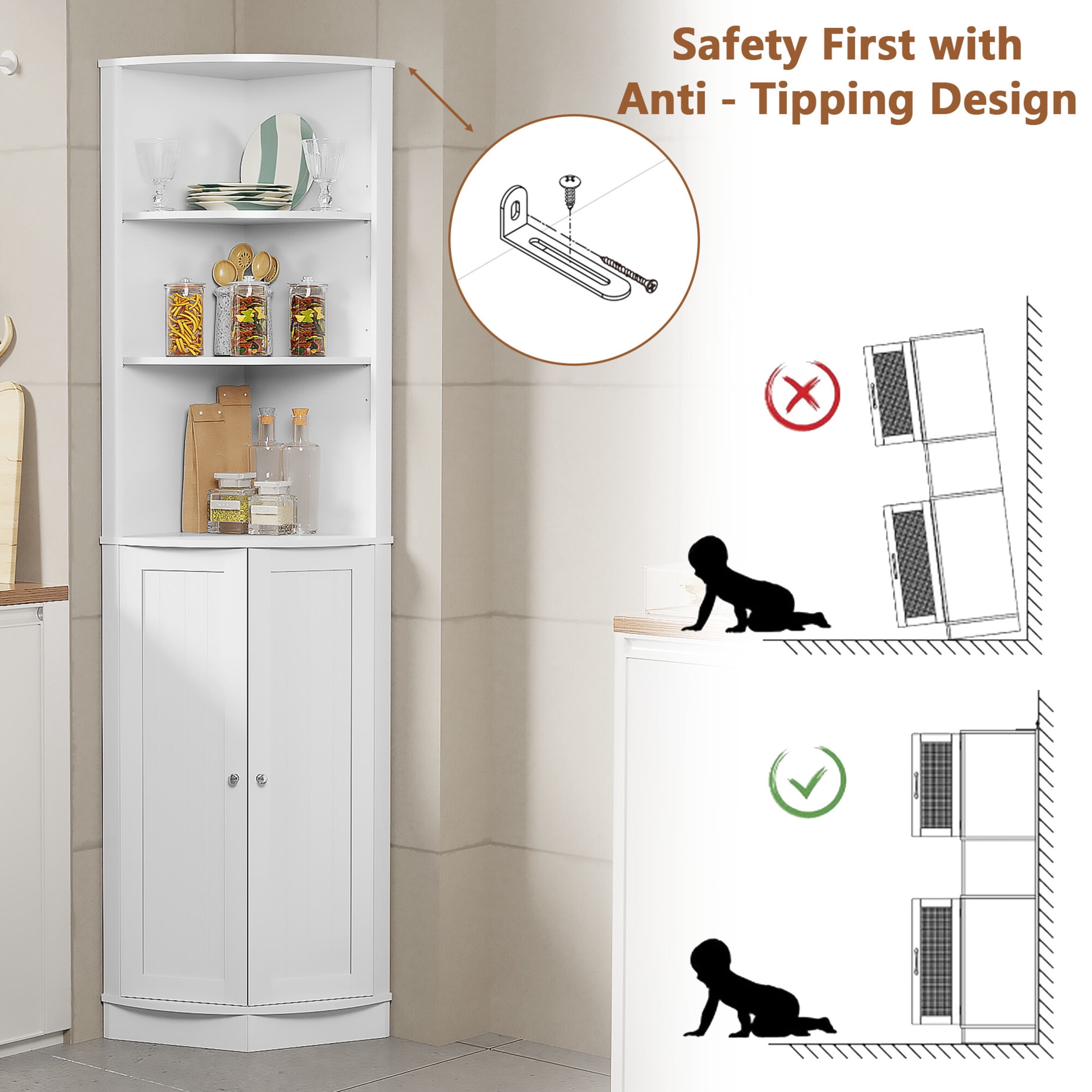 Noble House 67" Tall Corner Cabinet with 2 Doors and Adjustable Shelves, Freestanding Storage Organizer, White
