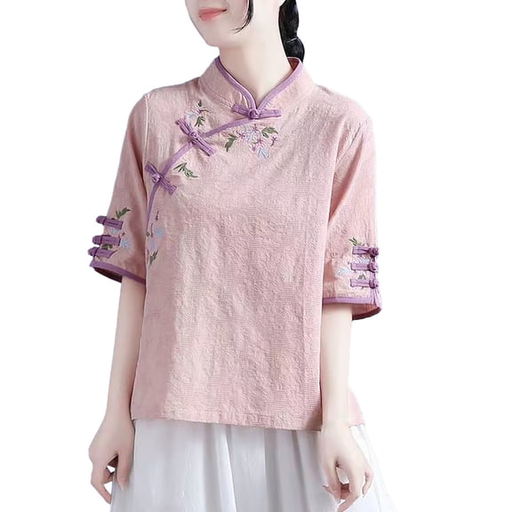 Womens Tops Short Sleeve Spring/Summer Embroidered Tang Dress Half Sleeved Chinese Zen Tea Dress Chinese Cotton Pan Button Qipao Top Fashion Clothes Blouses Dressy Casual Women