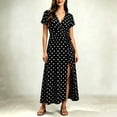 thumbnail image 4 of Busydd Womens Polka Dot Fall Maxi Dress Fashion Elegant V Neck Short Sleeve Long Dress Casual Flowy Slit Homecoming Dresses S, 4 of 5