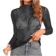 thumbnail image 5 of Penkiiy Mujer malla superior cuello de manga larga Slim Fit ver a través de blusas de camisa tops, 5 of 5