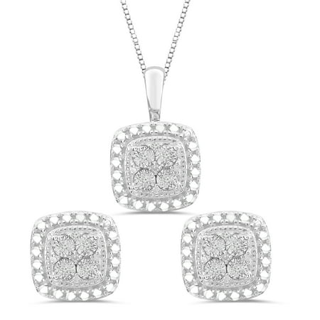 Brilliance Fine Jewelry Sterling Silver 1/10 CTTW Natural Diamond Cushion Earring Pendant Box Set